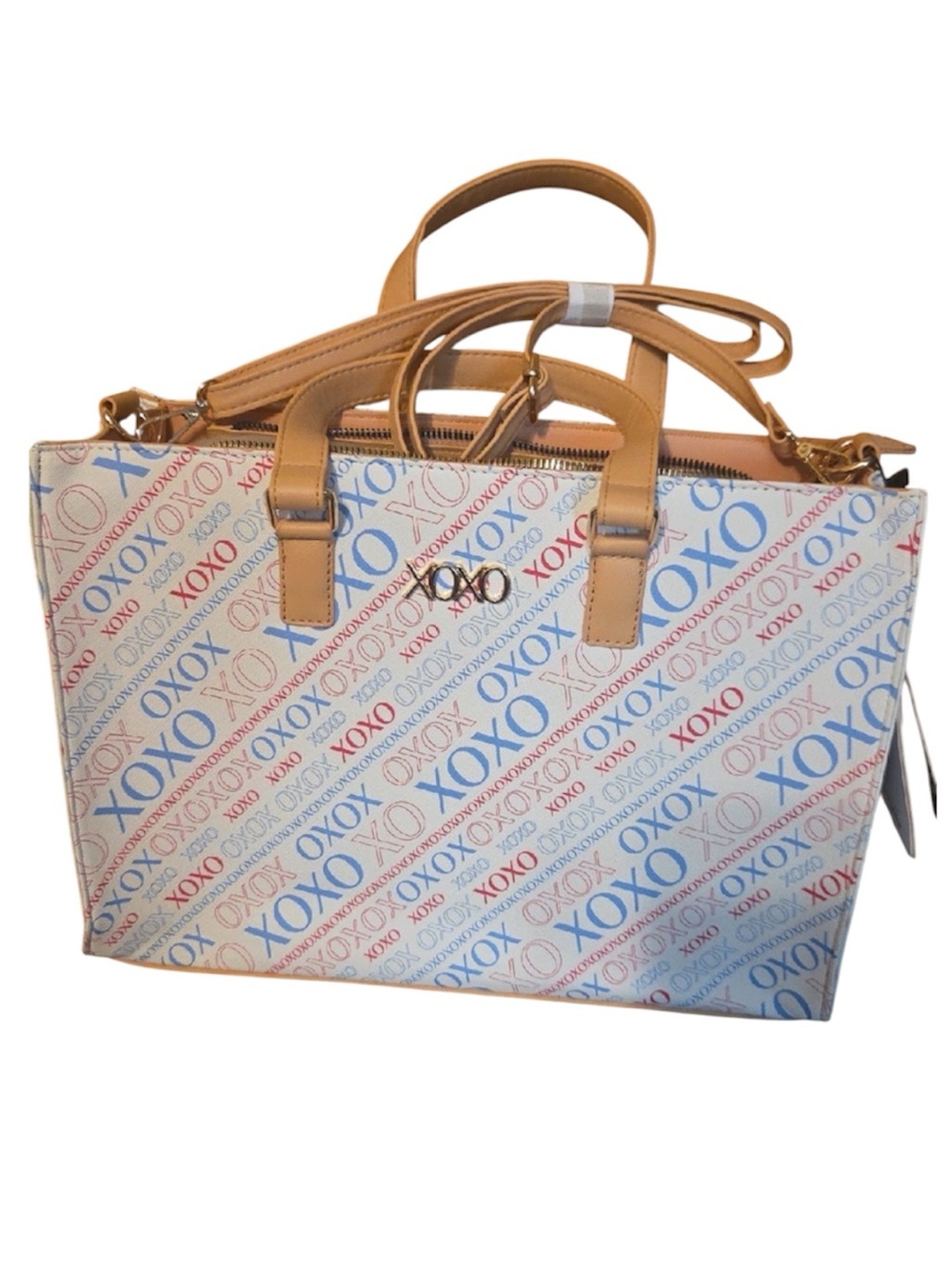 XOXO White Handbag with Blue and Red Logo Print and Tan Handles NWT